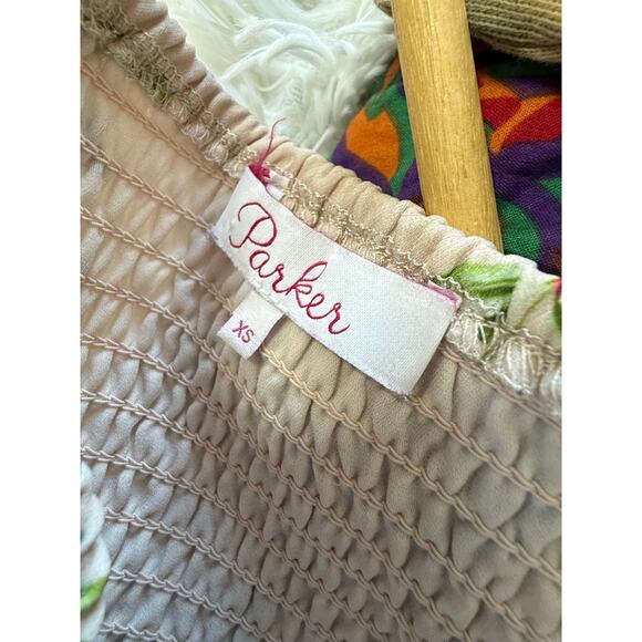 PARKER beige green pink floral smocked stretch tie waist portofino mini skirt - Picture 6 of 8